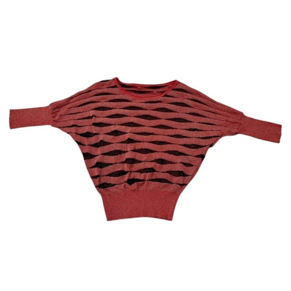 Womens Sparkly Red Black Stripe Batwing Dolman Sweater Top m‎